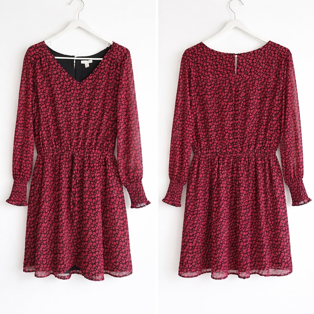 Heart Print Long Sleeve V-Neck Dress